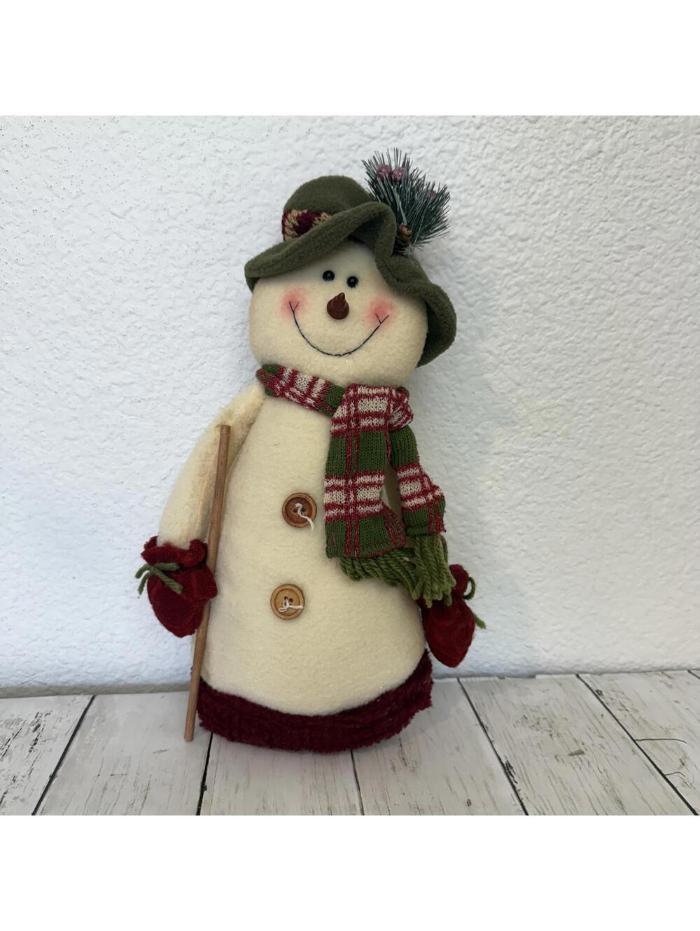Festive Snowman Holiday Decoration with Plaid Scarf and Green Hat